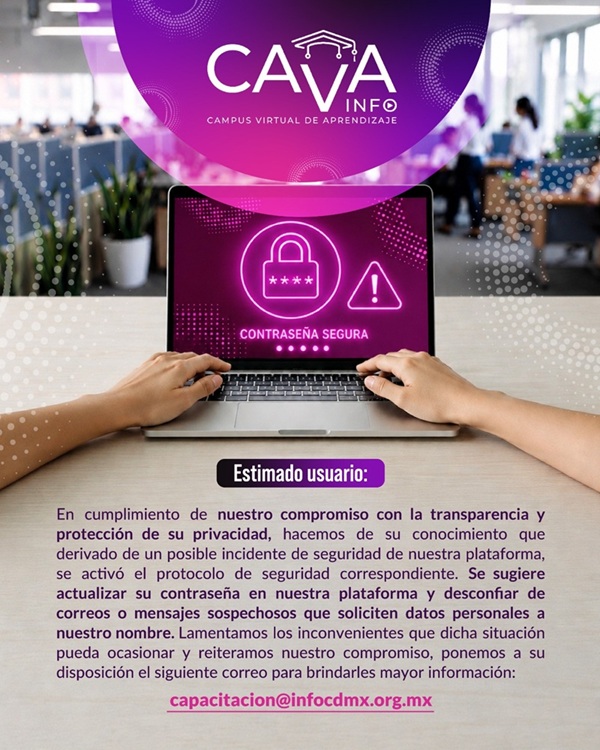 Aviso importante de la plataforma de capacitación CAVA